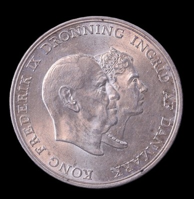 1960 Denmark 5 Kroner 25th Wedding Anniversary Commemorative Silver Coin
