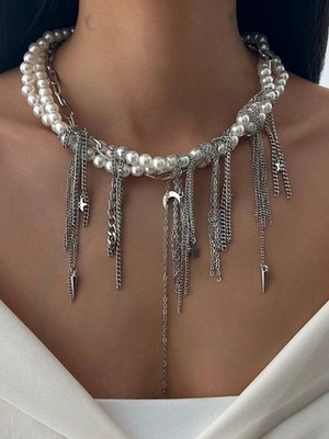 Vanguard Pearl & Layered Silver Chain Fringe Choker Statement Necklace  Elevate