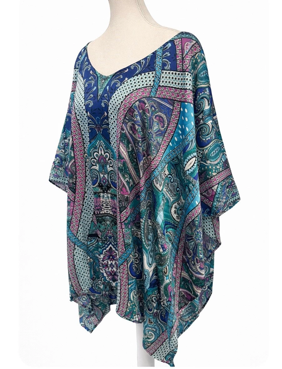 Chicos Paisley Pullover Kimono NWOT Boho Resort Wear Silky Poncho Tunic Top L XL