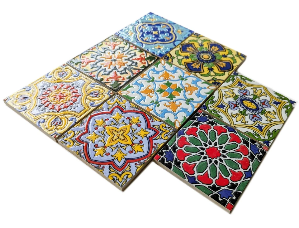 Set of 8 Multi Colour Moroccan Arabic 10cm Square Mosaic Wall & Floor Tiles - Image 2 of 4