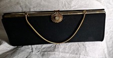 Vintage Unmarked Black Clutch Purse w/Gold Chain Handle  Floral Metal Clasp