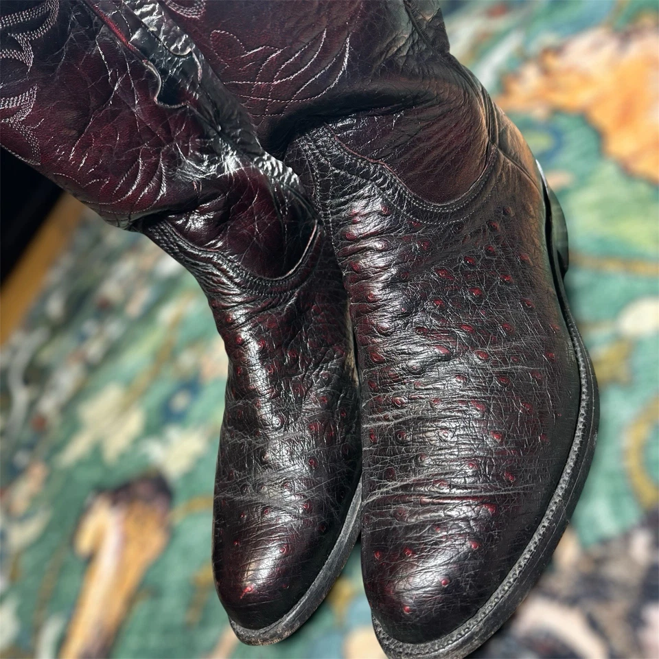 Lucchese Exotic Burnished Ostrich Leather Black Cherry Size 8 2E Handmade In USA - Image 4 of 4