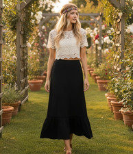 90s Y2K Women's 14 Maxi Skirt Black Lace Crochet Whimsigoth Romantic Boho Vtg