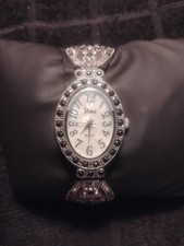 925 Sterling Silver Filled Black Crystal Viviani Ladies Bangle Watch, Work Good