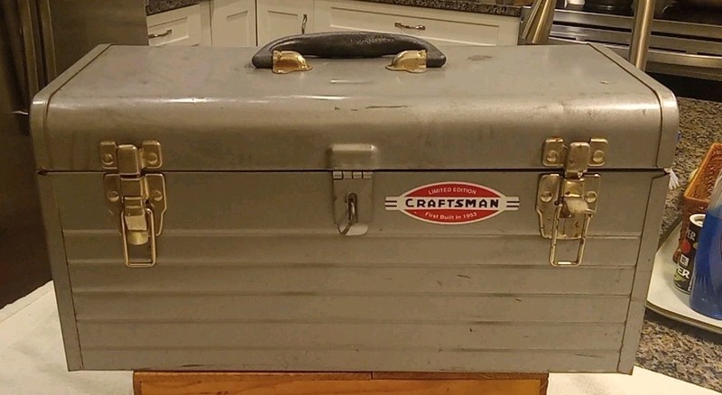 1950"s Sears Craftsman Gray Tool Box w/ Red Metal Tray 18L 8.5W 10H Decent Cond.