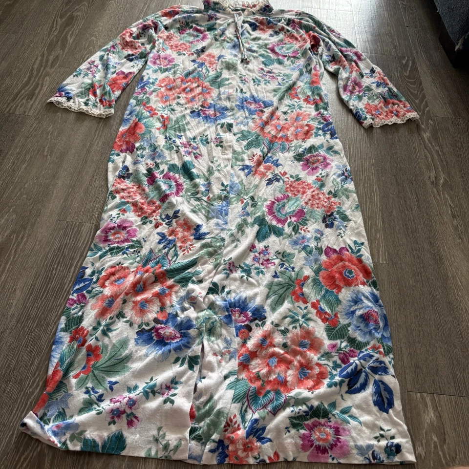Vintage 80s Miss Elaine House Coat House Dress Sz L Floral Maxi Gown Lounge Robe - Image 2 of 4