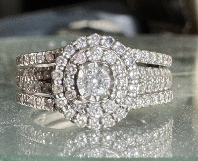 10k & 14k White Gold Double Halo Pave Diamond Ring - Bridal Set