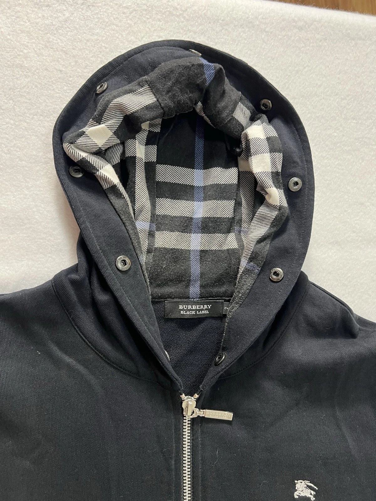 Burberry Black Label Felpa con Cappuccio Zip Giacca Nera Taglia 2 Small Manca Cappuccio Pelliccia