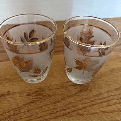 2 Libbey  Vintage 4OZ  MCM Frosted Gold Tone Leaves Glasses 50's