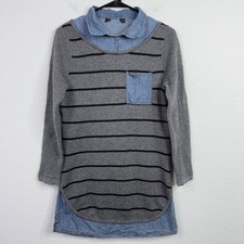 Cashmere Wool Striped Gray Mixed Media Sweater Dress Womens S Minimalist Preppy