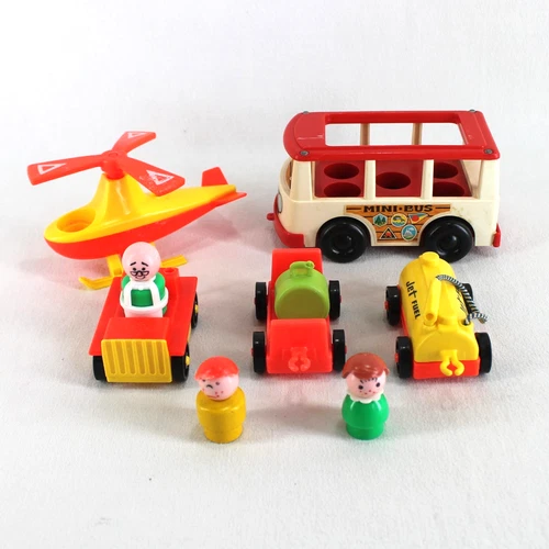 Vintage Fisher Price Little People Lot Mini Bus Helicopter Jet Fuel Baggage Cars