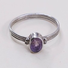 Sz 4.75, Vtg Sterling silver handmade ring, Engagement 925 W/ Oval Amethyst
