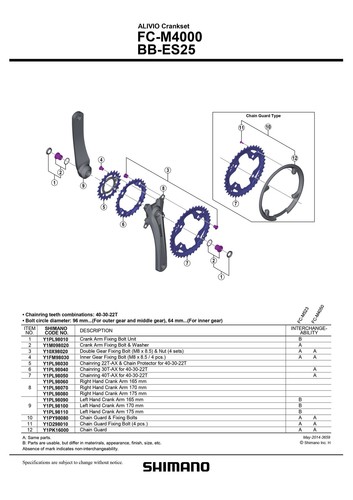 Guarnitura Shimano Alivio FC-M4050 MTB 3x9 Velocità - 40-30-22 Denti, HollowTech II