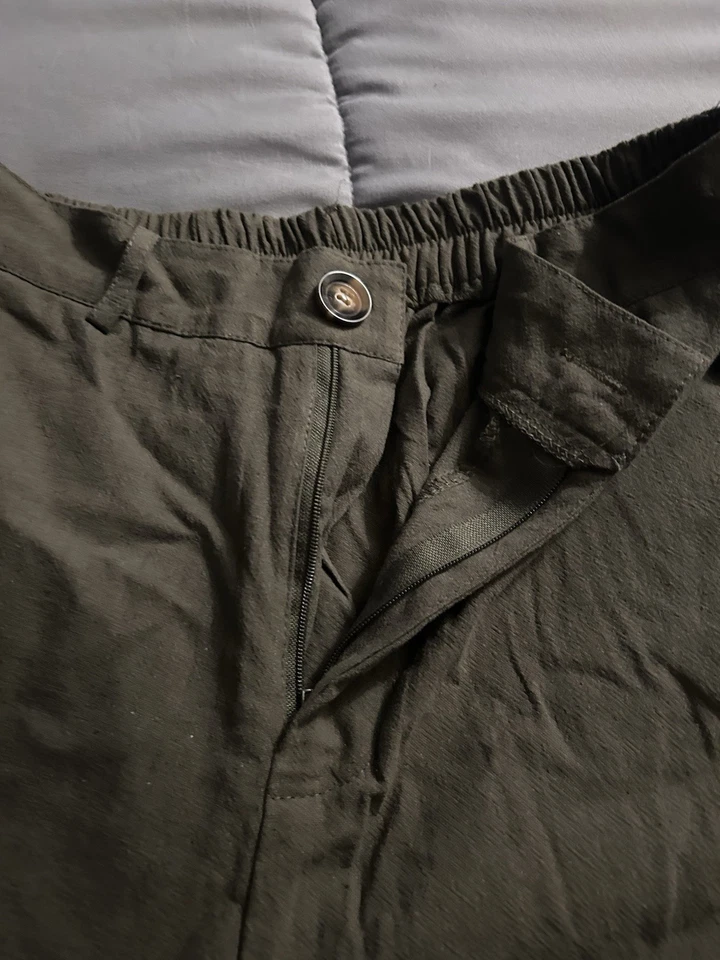 Pantalones Cortos de Lino Verde Oliva Cierre de Botón y Cremallera Pierna Ancha Talla Pequeña Foto 2 de 2