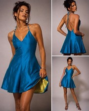 1990s Nicole Miller Turquoise Party Silk Dress 4 Beaded Halter Petal Hem USA