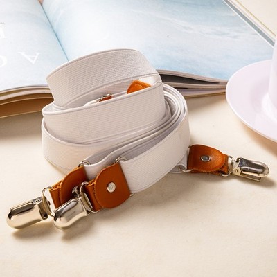 White Suspenders Straps Elasticated Non-slip 3 Clips Nylon Leather Y-shape 2.5mm