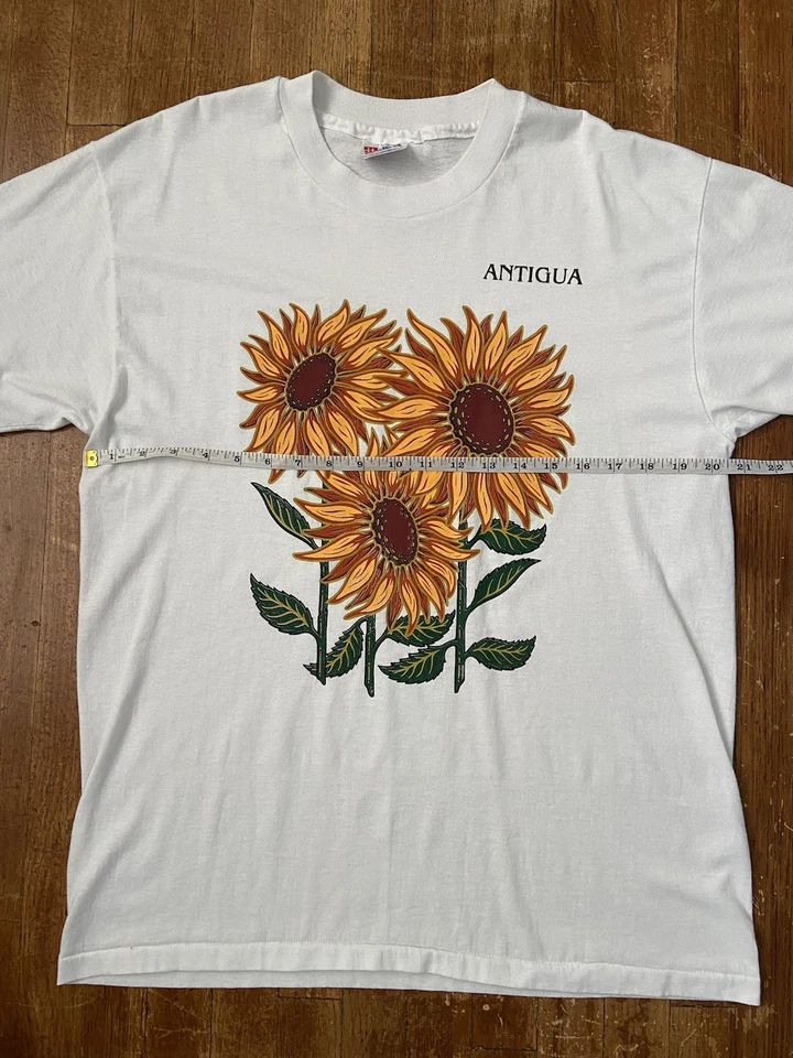 复古单针向日葵花卉中心标志白色图形 T 恤大号 — 第 4/4 张图片