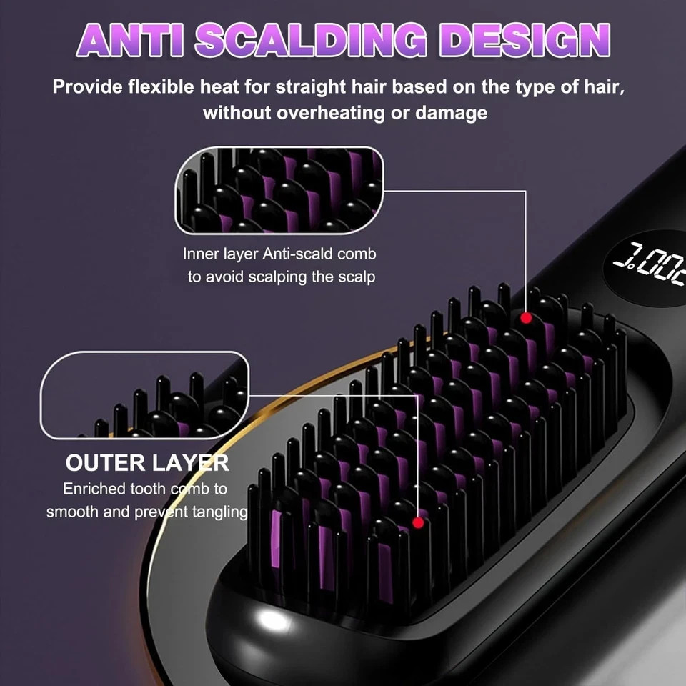 Go Brush Pro Cordless Hair Straightener Brush - Portable Hair Straightening B...