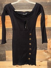 NWT NEW Fashion Nova Black Ribbed Body Con Jersey Dress Gold Buttons M Black