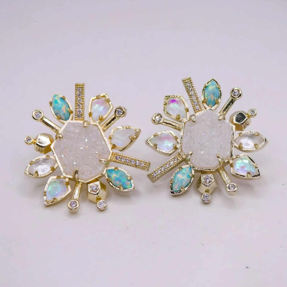Kendra Scott Ophelia Stud Earrings In Radiant Drusy Blue Opal & Moonstone  - Image 4 of 4