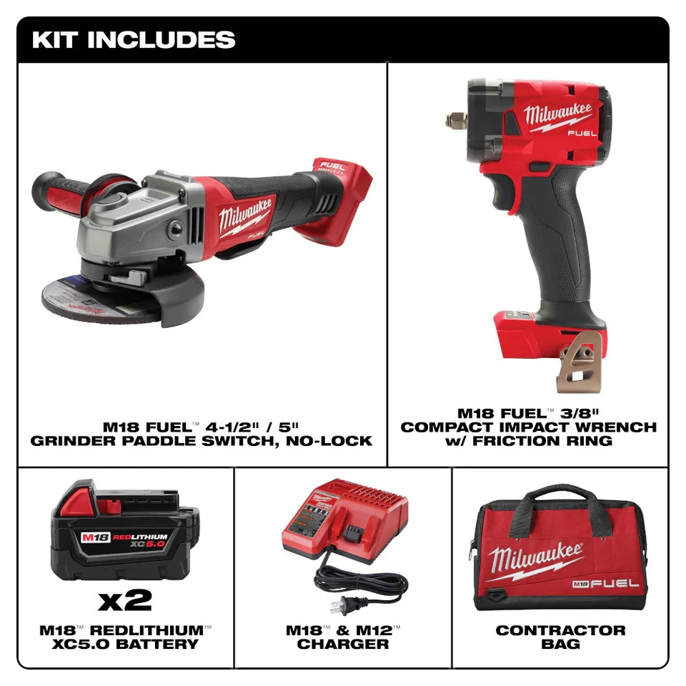 Milwaukee 2991-22 M18 FUEL 18V Compact Impact Wrench / Grinder Combo Kit - Image 2 of 4