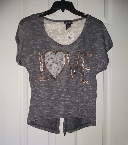 Damen-T-Shirt Pailletten Liebe grau Größe Large