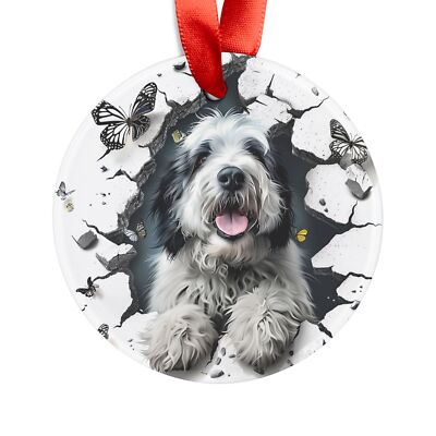 Acrylic Ornament, Old English Sheep Dog Butterflies Christmas Holiday Gift