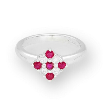 Cluster-Ring 18 Karat Weißgold 0,25 kt Rubin & 0,20 kt Diamant (Größe M 1/2)