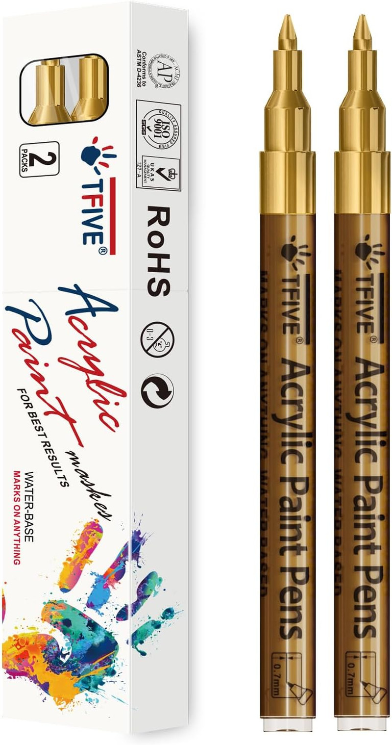 Gold Paint Pens - 2 Pack Acrylic Permanent Markers, 0.7Mm Extra Fine Tip for Art