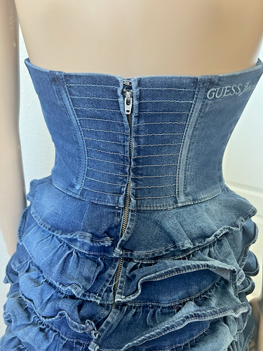 Guess Y2K Melia Denim Ruffle Strapless Bustier Blue Jean Stretch Mini Dress Sz 5 - Picture 11 of 24