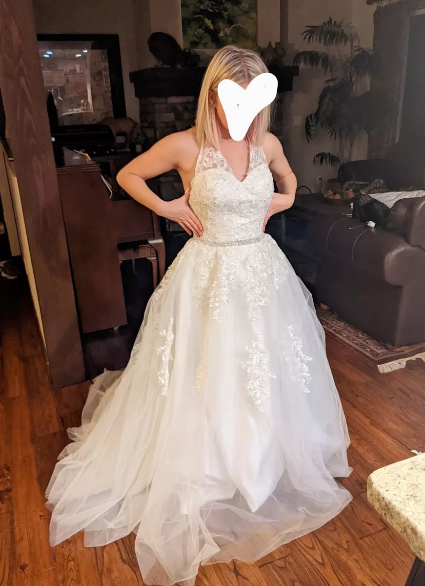 White Lace Chiffon Wedding Dress Halter Top Princess Sz 6 8 NEW