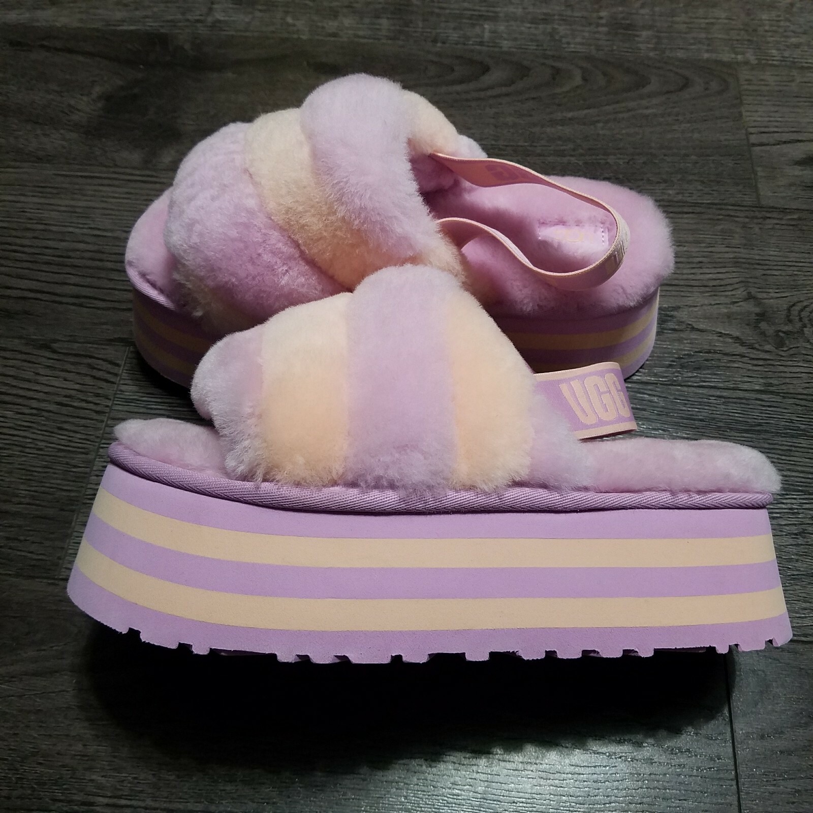 UGG Disco Stripe Slippers Platform Slides Sandals Womens 9 Fuzzy pink Wool  | eBay