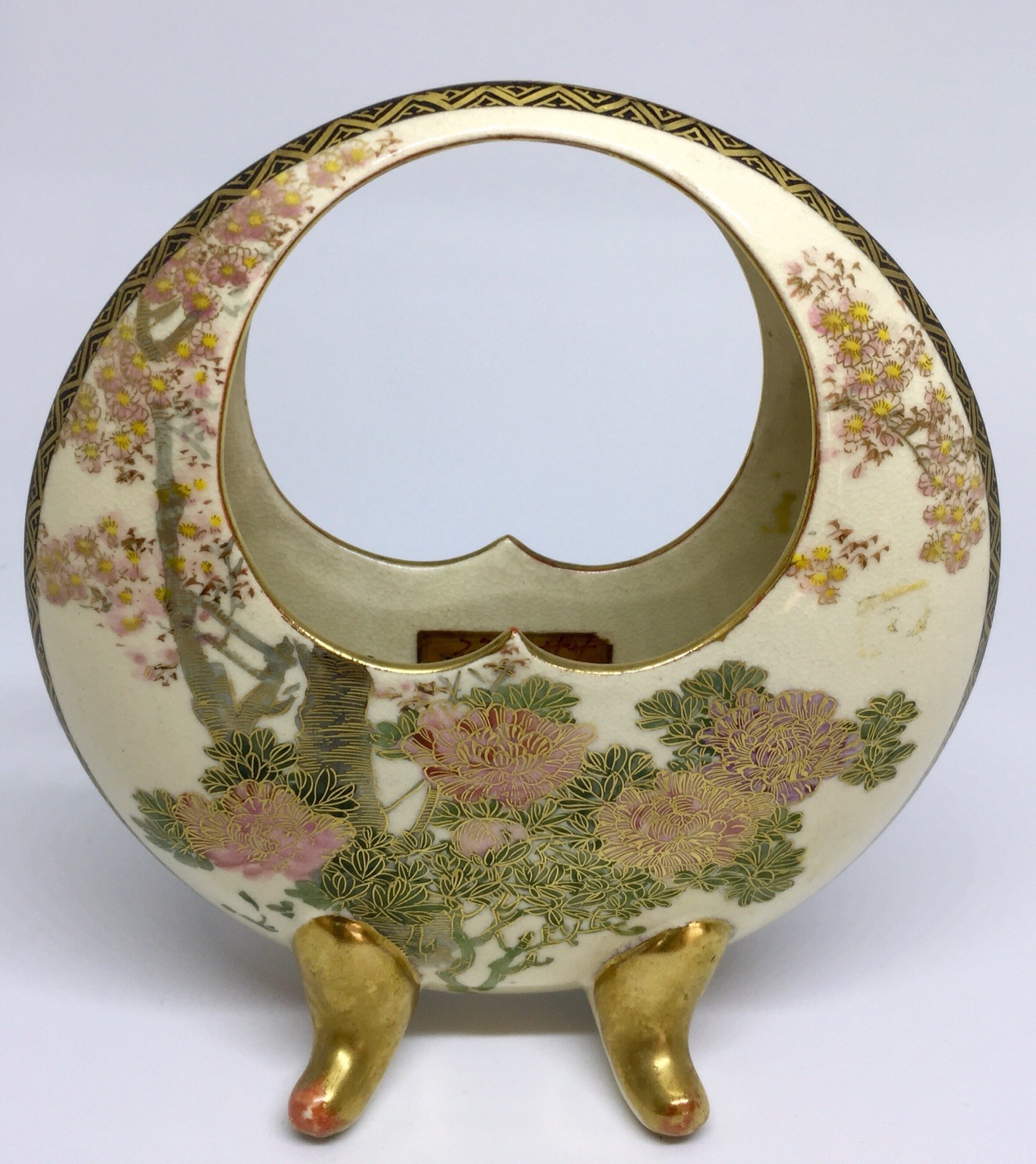 Beautiful Floral Antique Satsuma Moon Vase signed E Taniguchi Kobe