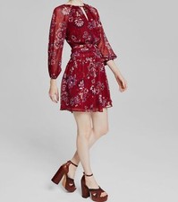 Vince Camuto Women's Red Printed Balloon Sleeve Round Neck Dress Size 10