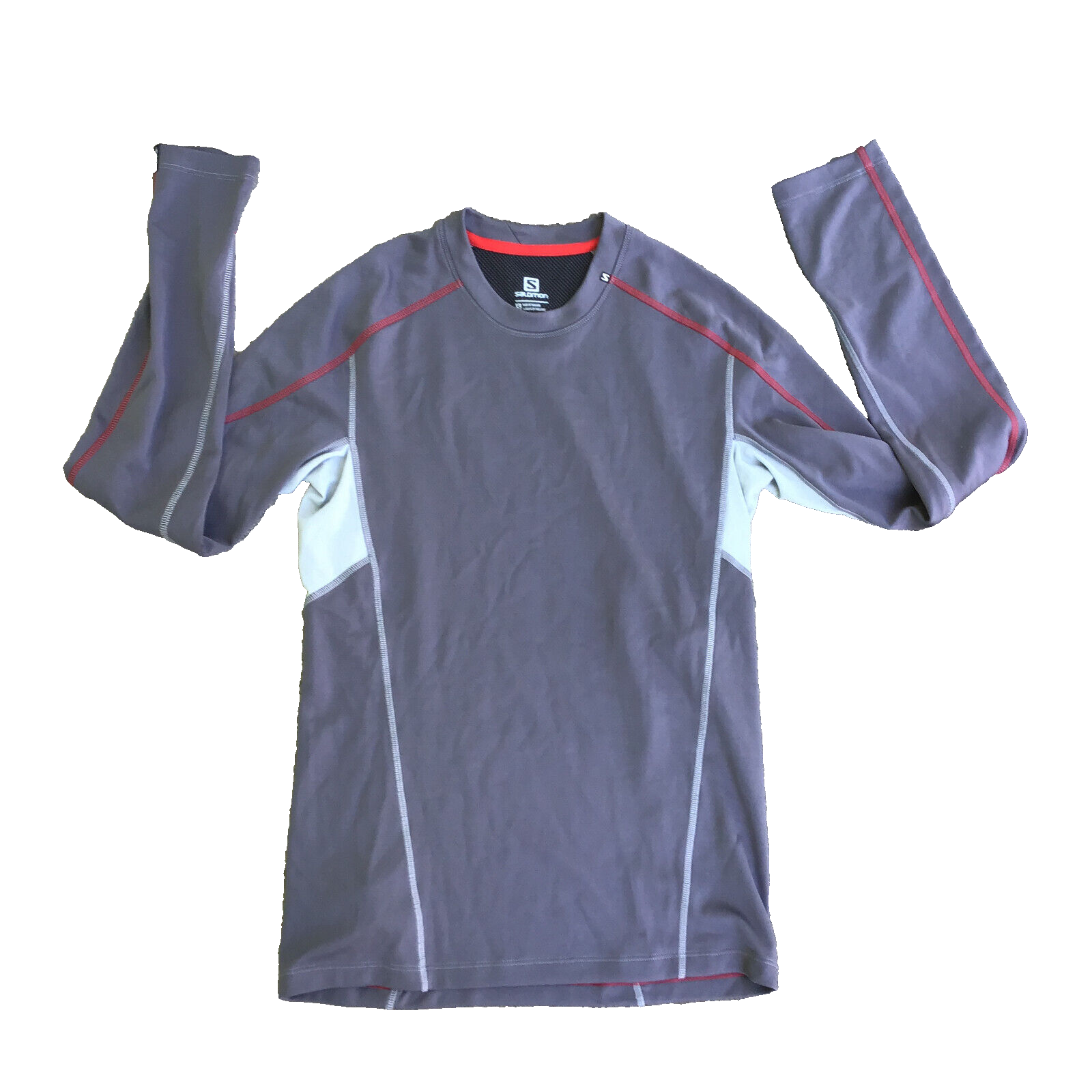 Salomon Camicia Uomo Piccola Grigia Rossa Manica Lunga Strato Base Performance Fori per Pollice