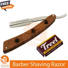 Wooden Barber Hair Salon Shaving Razor Straight Edge Folding  10 Blades