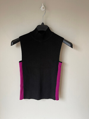 Ärmelloser Pullover schwarz rosa gerippt Wollmischung Stehkragen UK 12 - sehr guter Zustand
