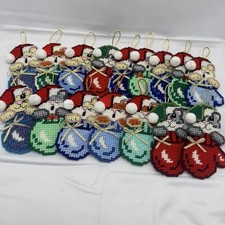 VTG Lot of 16 Handmade Plastic Canvas Needlepoint Christmas Cats Ornaments B2