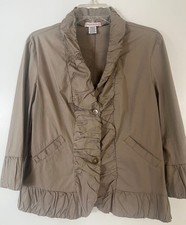Wearables Women's Taupe Ruffle Front Blazer Jacket 3/4 Sleeve Cotton Size L