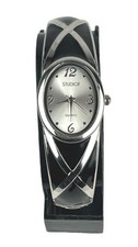 Studio Women's Watch Oval Silver Tone  Black Cuff Hinge Bracelet Band New Batt