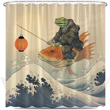 Funny Shower Curtain Frogs Holding Lantern 70"W x 70"L Pack of 1 Latte Indigo