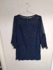 Lauren Ralph Lauren Lace Shift Dress Sheer Ruffle Bell Sleeves Navy Cocktail 8P