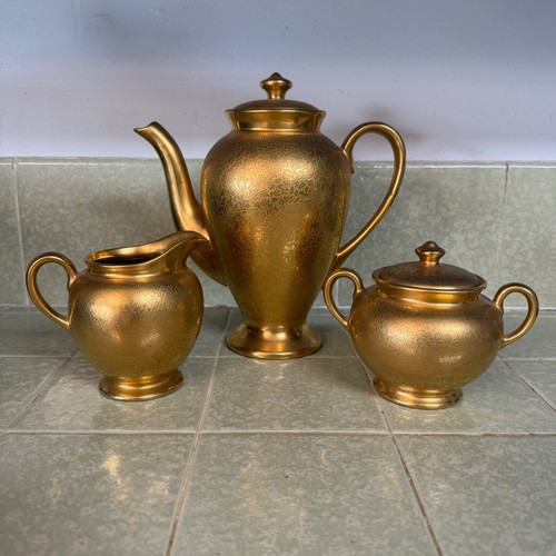 Wheeling Gold China 22K Encrusted Floral Tea Set Teapot Sugar Creamer Vintage