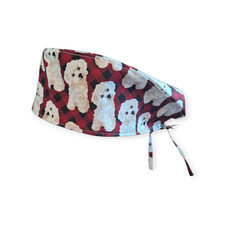 White Poodles on Red Tie Back Scrub hat / cap 100 Cotton Surgical Medical hat
