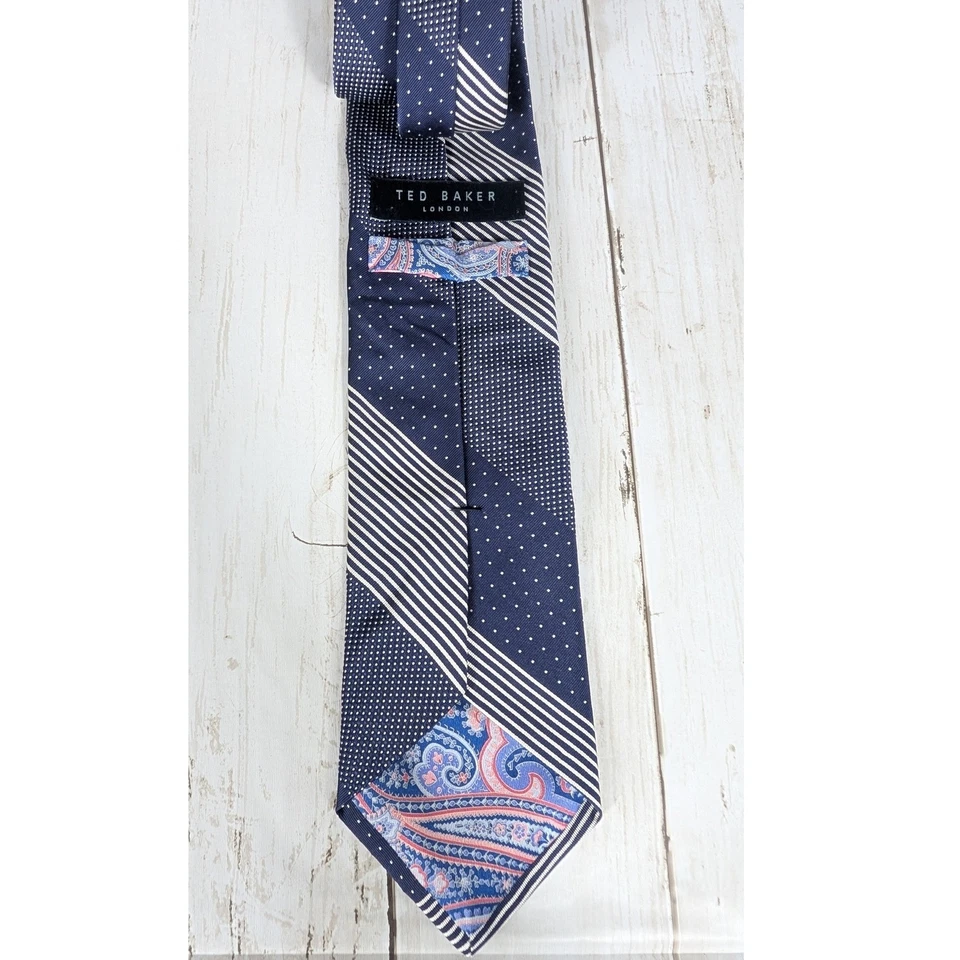 Corbata para hombre TED BAKER LONDON azul marino seda algodón lunares rayas Foto 2 de 4