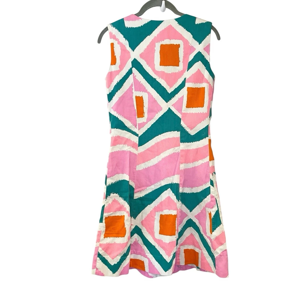 Винтажный MALIA HONOLULU смелый Geo 70-х гавайский мини-платье кнопка спереди хлопок sz 8 - Изображение 2 из 4