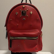 MCM Red Studded Logo Mini Backpack Front Zip Pocket Gold Hardware Top Handle