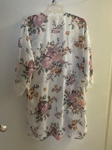Wallflowers Damen Kimono Morgenmantel vorne offen L Large weiß mit Blumenmuster - Bild 5 von 6
