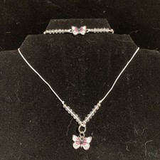 Girls Adjustable Pink  White Butterfly Necklace And Bracelet Set