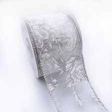 Holiday Wild Rose Wired Edge Ribbon 2.5 x 10 Yard Silver for DIY Crafting